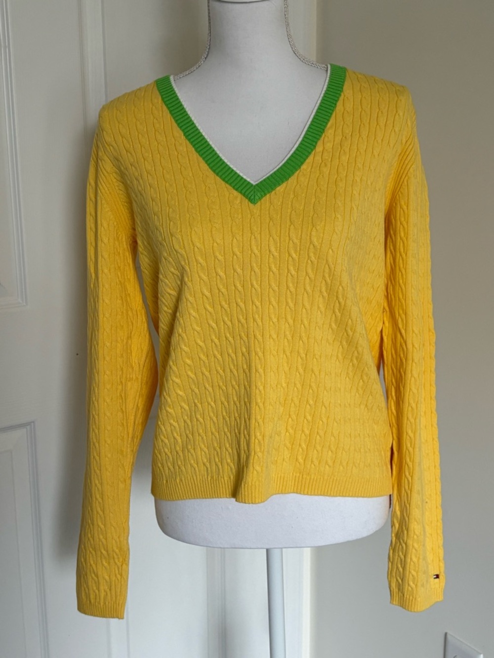 Tommy Hilfiger Yellow V-Neck Sweater with Green Trim